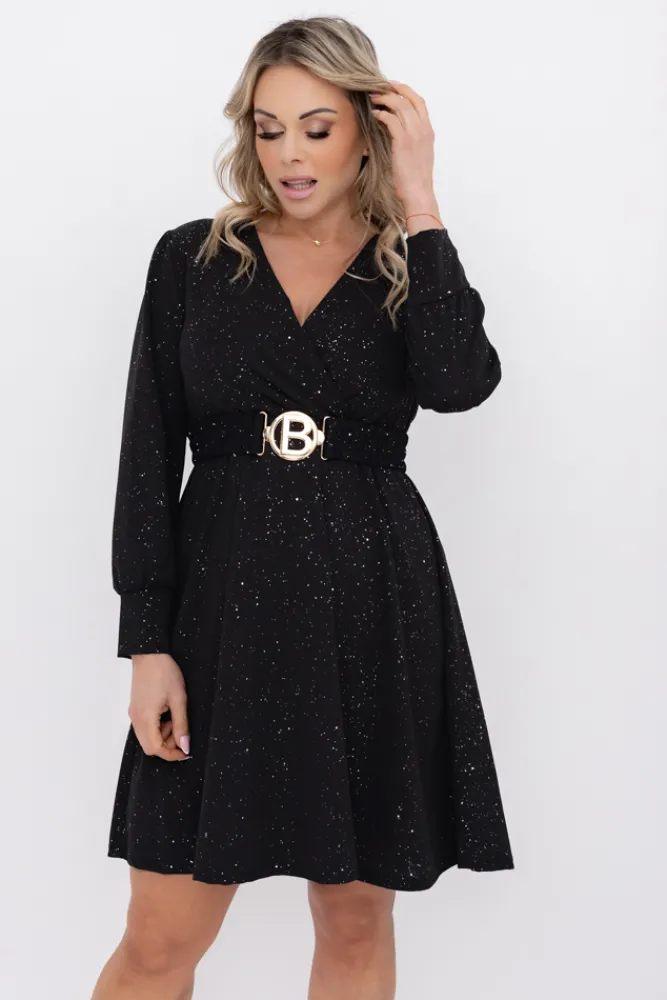 Włoski Czarna błyszcząca Sukienka z paskiem SARMANIA