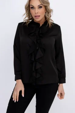 Damskie Włoski Czarna Koszula satynowa z żabotem KIZURI