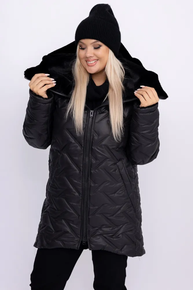 Damskie Polski Czarna Kurtka ocieplana z kapturem SAVERI