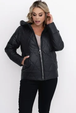 Damskie Polski Czarna Kurtka pikowana z kapturem MERMENDI
