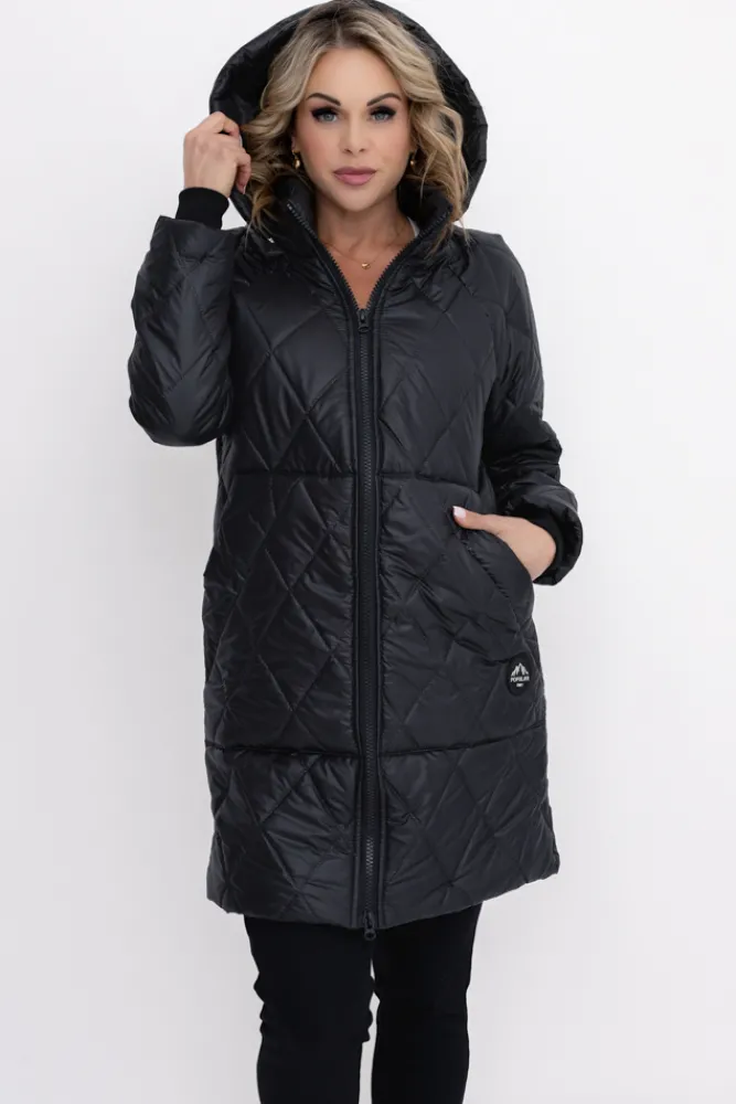 Damskie Polski Czarna Kurtka pikowana z odpinanym kapturem BIZURIA