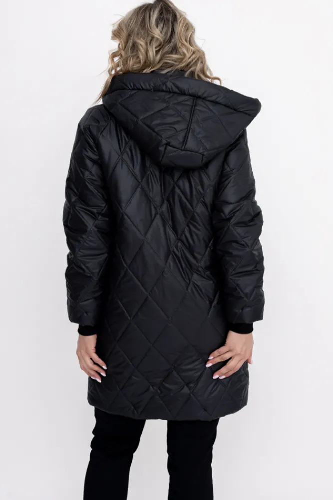 Damskie Polski Czarna Kurtka pikowana z odpinanym kapturem BIZURIA