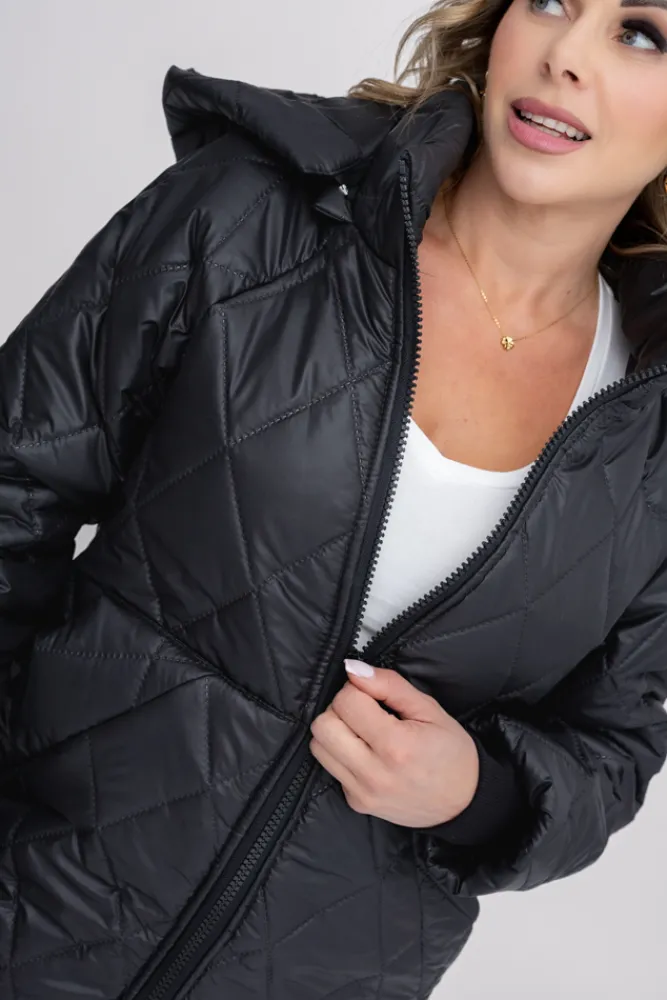 Damskie Polski Czarna Kurtka pikowana z odpinanym kapturem BIZURIA