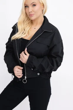 Damskie Włoski Czarna Kurtka z marszczeniami VASTI