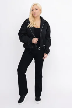Damskie Włoski Czarna Kurtka z marszczeniami VASTI