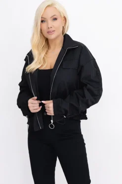 Damskie Włoski Czarna Kurtka z marszczeniami VASTI