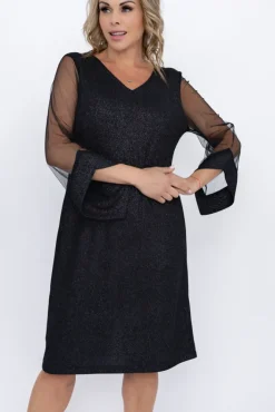 Polski Czarna Sukienka błyszcząca z prześwitującymi rękawami MORTINO