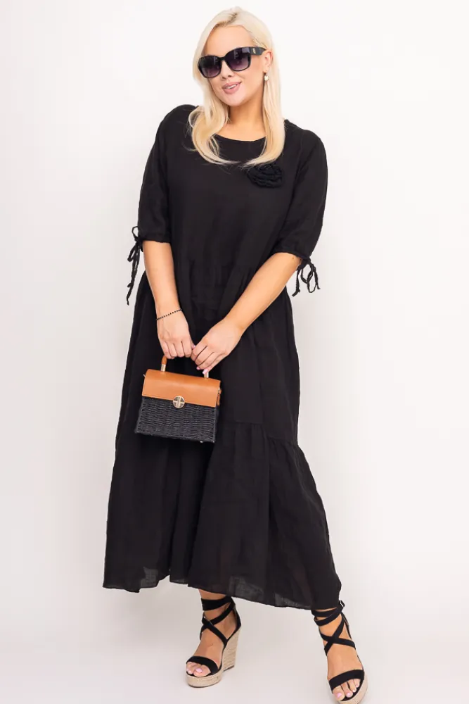 Włoski Czarna Sukienka lniana TRESIA