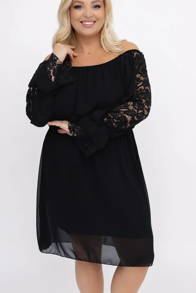 Włoski Czarna Sukienka szyfonowa z koronkowymi rękawami LEMINERO