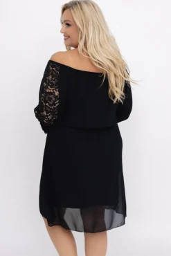 Włoski Czarna Sukienka szyfonowa z koronkowymi rękawami LEMINERO