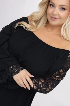 Włoski Czarna Sukienka szyfonowa z koronkowymi rękawami LEMINERO