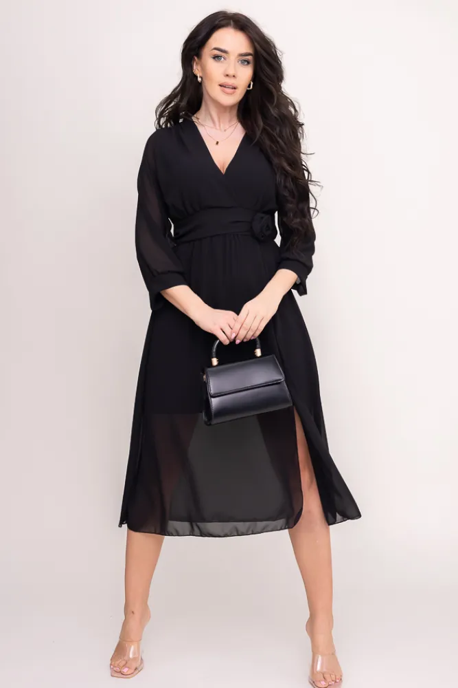 Włoski Czarna Sukienka szyfonowa FELMIN