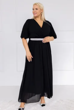 Włoski Czarna Sukienka szyfonowa z paskiem EGELI