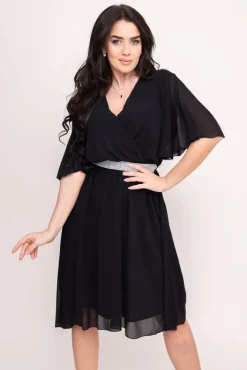 Włoski Czarna Sukienka szyfonowa z paskiem SEMELIA