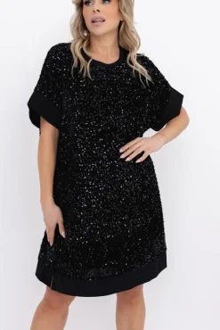 Włoski Czarna Sukienka z cekinami SIMENO