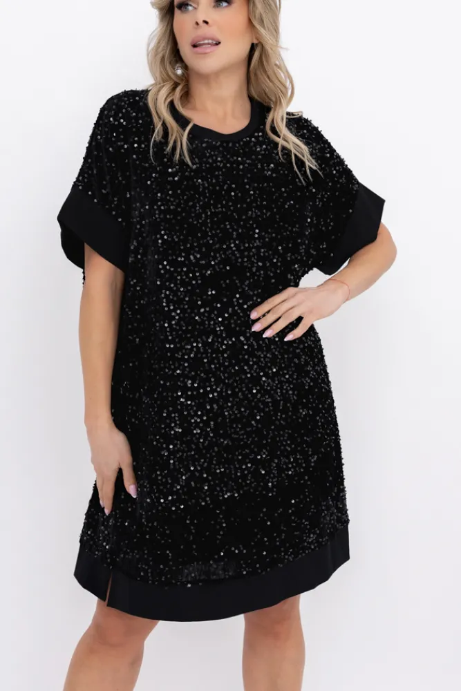 Włoski Czarna Sukienka z cekinami SIMENO