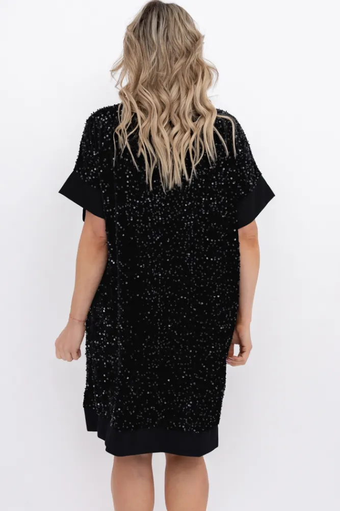 Włoski Czarna Sukienka z cekinami SIMENO