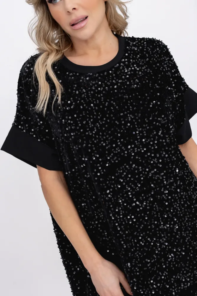 Włoski Czarna Sukienka z cekinami SIMENO