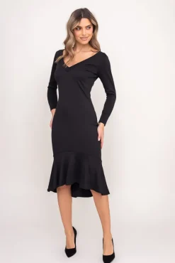 Polski Czarna Sukienka z falbaną AVATINA