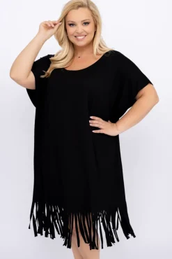 Polski Czarna Sukienka z frędzlami RIVINO