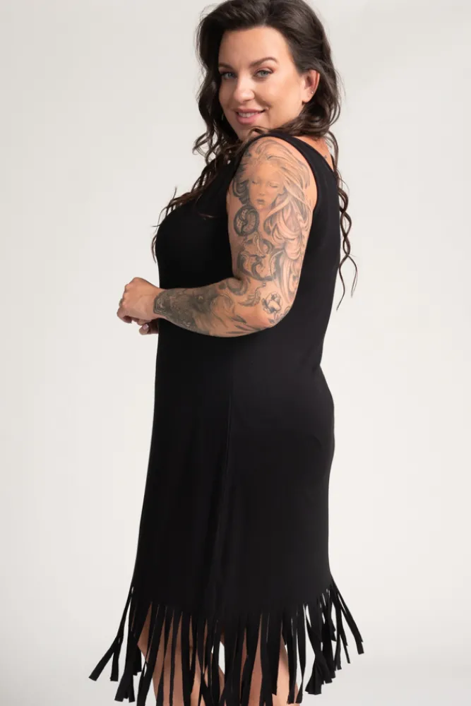 Polski Czarna Sukienka z frędzlami RIVIO