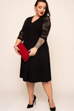 Polski Czarna Sukienka z koronkowym rękawem EVE