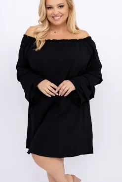 Polski Czarna Sukienka z marszczonymi rękawami LERTIA