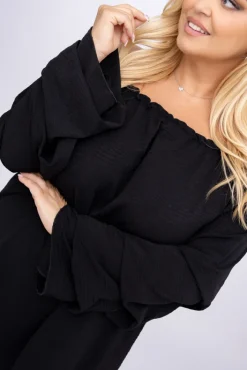 Polski Czarna Sukienka z marszczonymi rękawami LERTIA