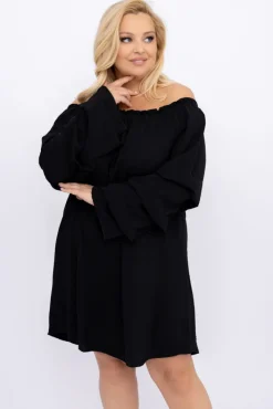 Polski Czarna Sukienka z marszczonymi rękawami LERTIA