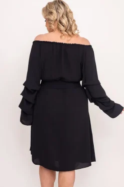 Polski Czarna Sukienka z marszczonymi rękawami ALBEGA