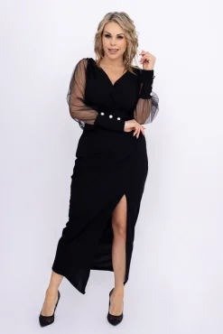 Włoski Czarna Sukienka z prześwitującymi rękawami MERVIEN