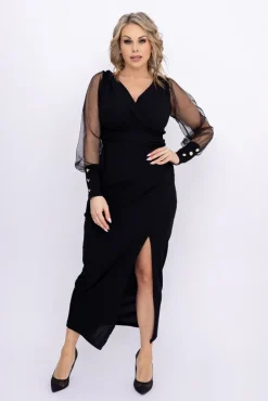 Włoski Czarna Sukienka z prześwitującymi rękawami MERVIEN