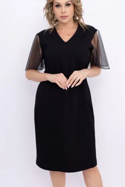 Polski Czarna Sukienka z prześwitującymi rękawami PENSERI