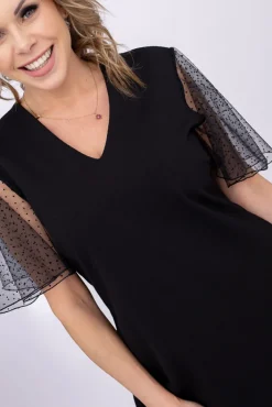 Polski Czarna Sukienka z prześwitującymi rękawami PENSERI