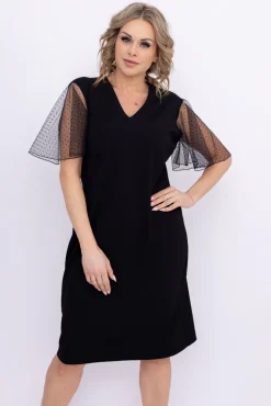 Polski Czarna Sukienka z prześwitującymi rękawami PENSERI