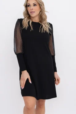 Włoski Czarna Sukienka z prześwitującymi rękawami AMBROZI Wzór 1