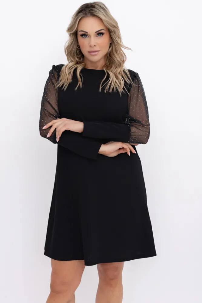 Włoski Czarna Sukienka z prześwitującymi rękawami AMBROZI Wzór 1