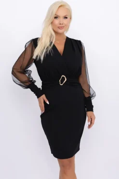 Włoski Czarna Sukienka z prześwitującymi rękawami VIZENTI