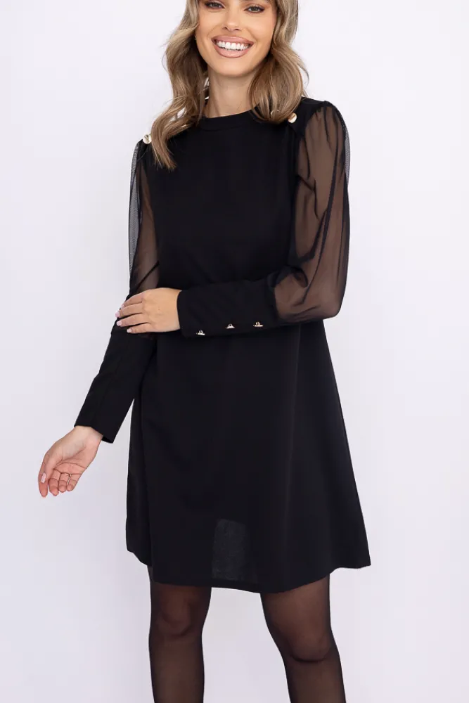 Włoski Czarna Sukienka z prześwitującymi rękawami ARTIGA