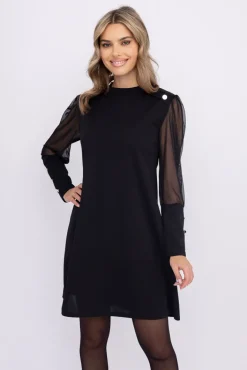 Włoski Czarna Sukienka z prześwitującymi rękawami ARTIGA