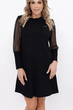 Włoski Czarna Sukienka z prześwitującymi rękawami AMBROZI Wzór 2