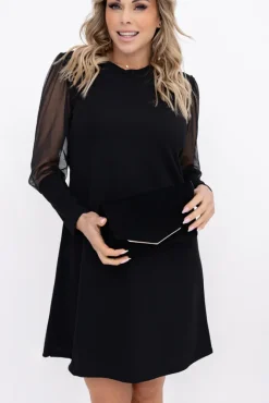 Włoski Czarna Sukienka z prześwitującymi rękawami AMBROZI Wzór 2