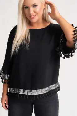 Damskie Polski Czarno-srebrna Bluzka z frędzelkami GARMINA