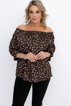 Damskie Włoski Czekoladowa Bluzka z marszczonymi rękawami HENDI Wzór 1