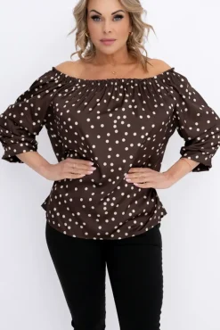 Damskie Włoski Czekoladowa Bluzka z marszczonymi rękawami HENDI Wzór 1