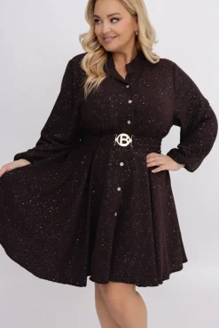 Włoski Czekoladowa błyszcząca Sukienka z paskiem RESTORI