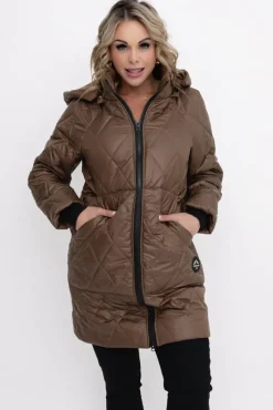 Damskie Polski Czekoladowa Kurtka pikowana z odpinanym kapturem BIZURIA