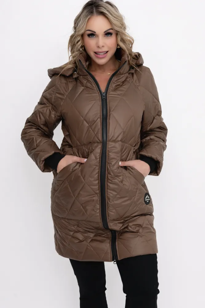 Damskie Polski Czekoladowa Kurtka pikowana z odpinanym kapturem BIZURIA
