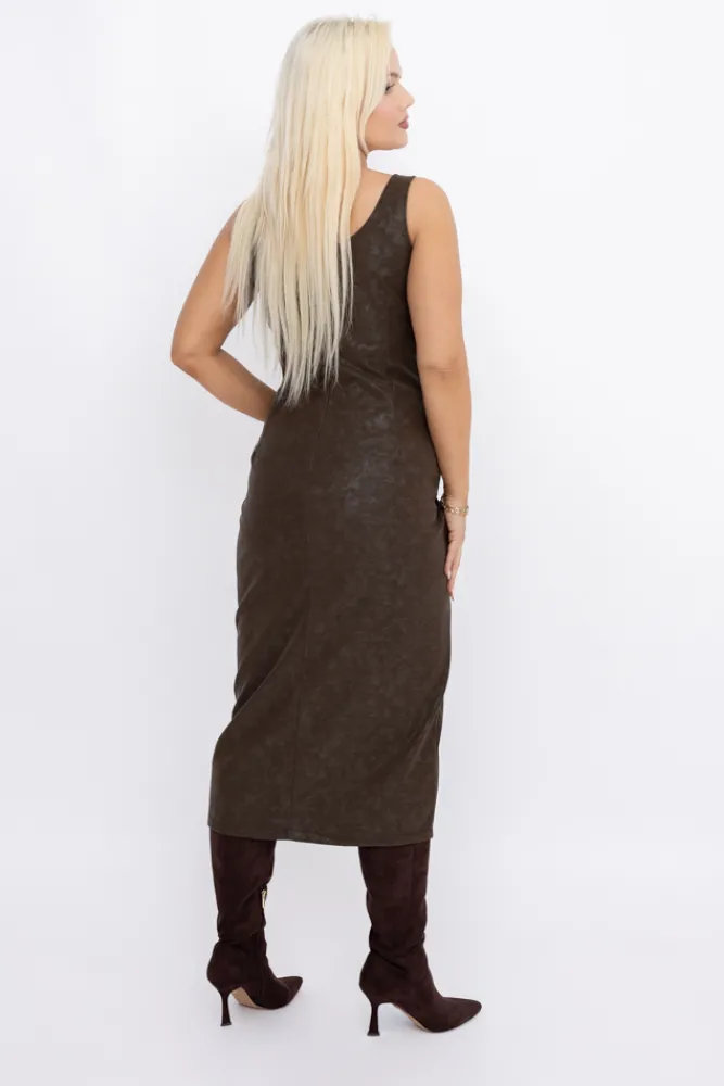 Włoski Czekoladowa Sukienka skórzana FARIGA