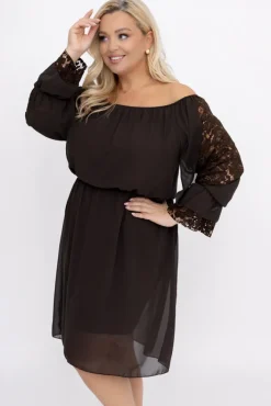 Włoski Czekoladowa Sukienka szyfonowa z koronkowymi rękawami LEMINERO